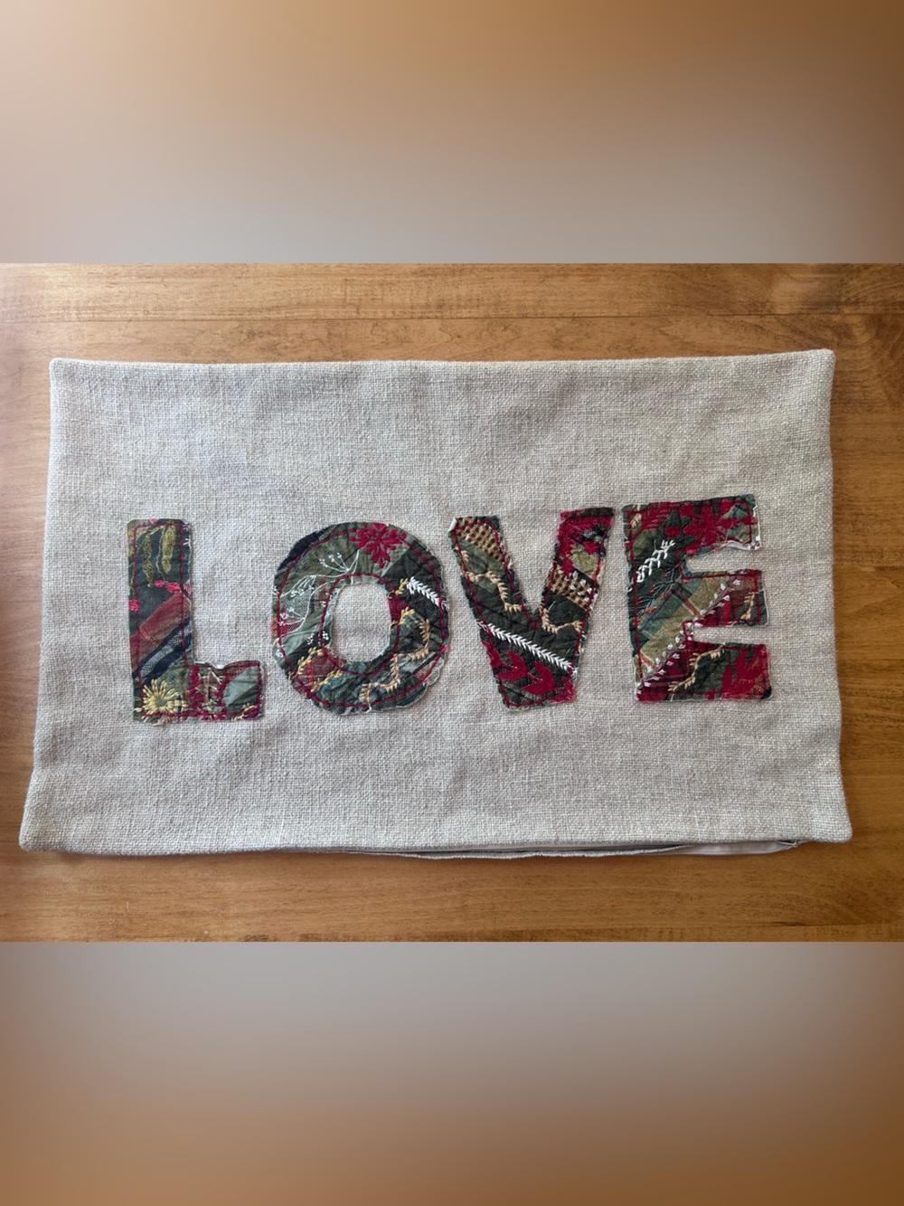 Pottery Barn Patchwork “LOVE” Letters on Flax Lumbar Pillow Cover w/Zipper Close